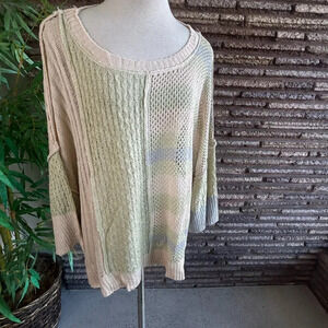 POL Sage Green and Cream Open Weave Drop Shoulder Sweater Size 2X